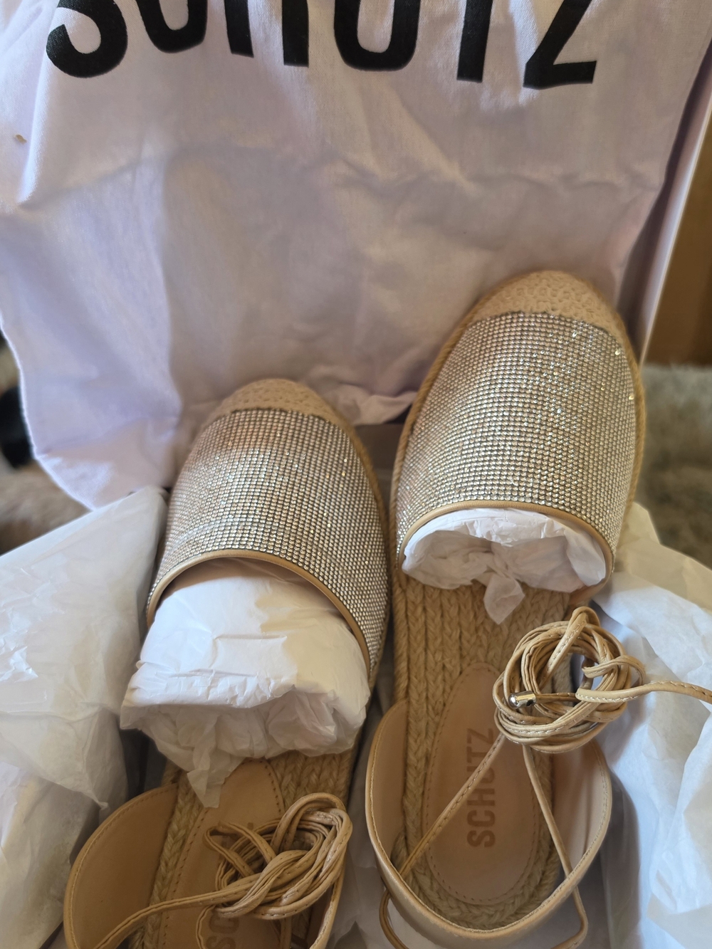 Schutz Beige Crystal Espadrille Lace-Up Flats With Dust Bag
